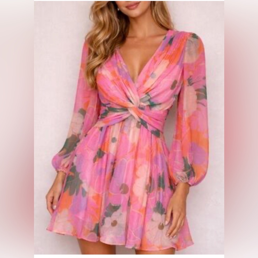 Alex Marie Pink & Orange Floral Twist-Front Long Sleeve Mini Dress